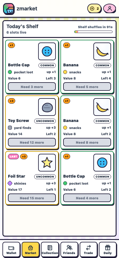 Real zmarket game screenshot showing Today's Shelf item cards on mobile
